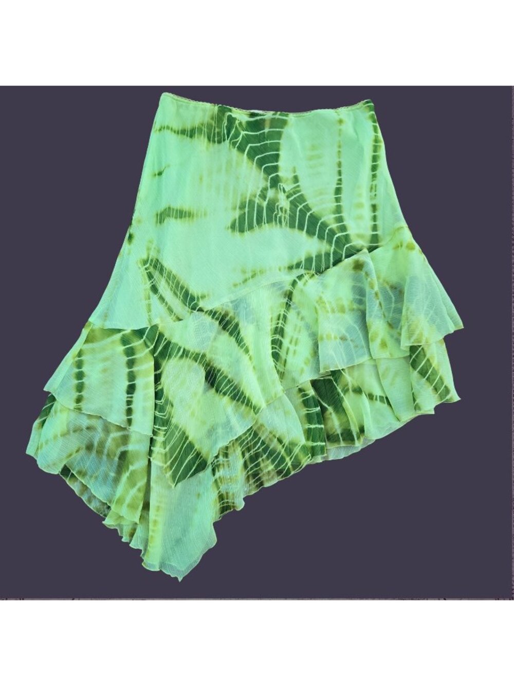 Vintage Y2K Fairycore Midi Skirt Size L Green Asymmetrical Tiered Chiffon Boho